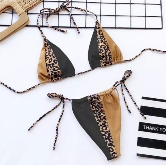 New Leopard String Slide Triangle Brazilian Bikini Set Swimsuit Size M - Picture 5 of 7